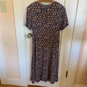 Vintage Silk Circular Print Dress Button Front Short Sleeve Waist Tie Casual